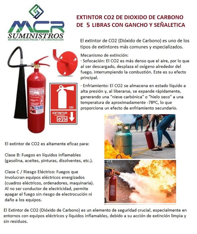 EXTINTOR CO2 DE DIOXIDO DE CARBONO DE 5 LIBRAS CON GANCHO Y SEÑALETICA