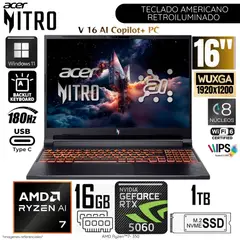 ACER - Laptop Nitro V16 Copilot+PC AMD Ryzen 7-350 16GB RAM 1TB SSD 16" WUXGA RTX5060-8GB WIN11
