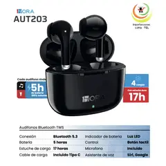 GENERICO - AUDIFONOS BLUETOOTH TWS MODELO AUT203 NEGRO MARCA 1HORA