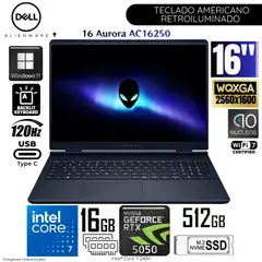 DELL - Laptop ALIENWARE 16 Aurora Intel Core 7 240H 16GB DDR5 RAM 512GB SSD RTX 5050-8GB 16" WQXGA