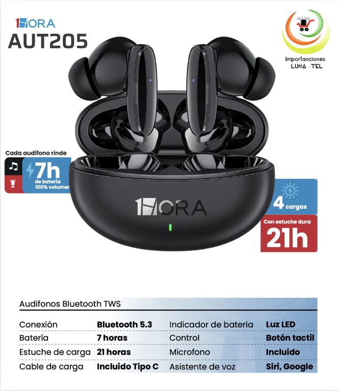AUDIFONOS BLUETOOTH TWS MODELO AUT205 NEGRO MARCA 1HORA