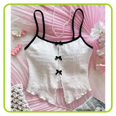 GENERICO - Shein Polo Top Sin Mangas Blanco Texturizado con Lazos Negros