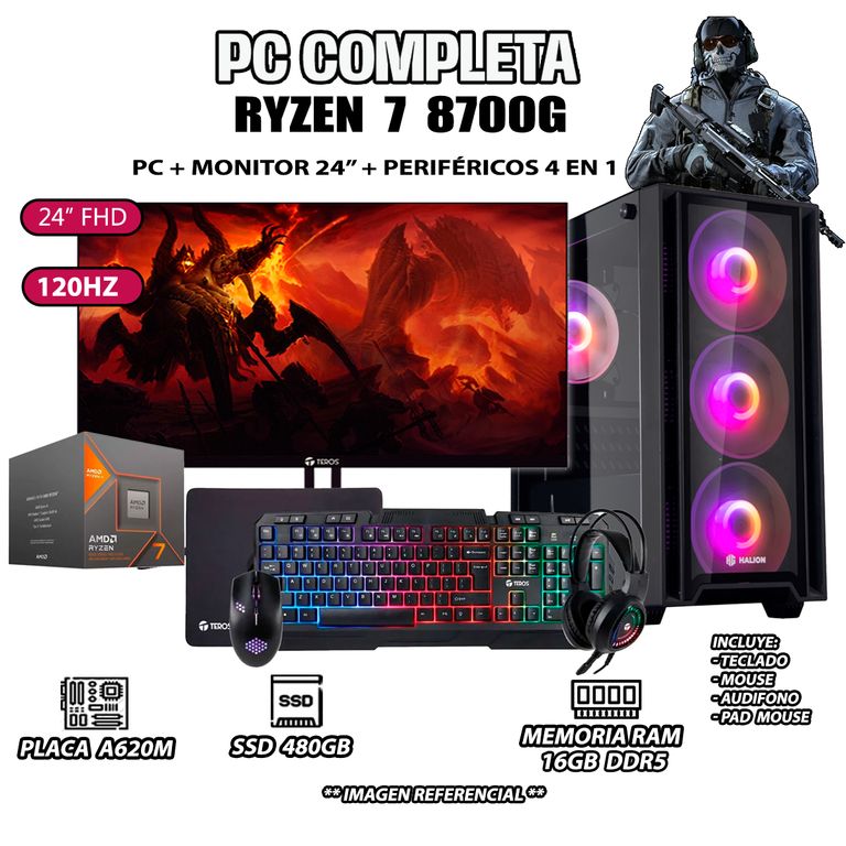 Computadora PC Completa Ryzen 7 8700G RAM 16GB DDR5 SSD 500GB MONITOR 24" FULL HD