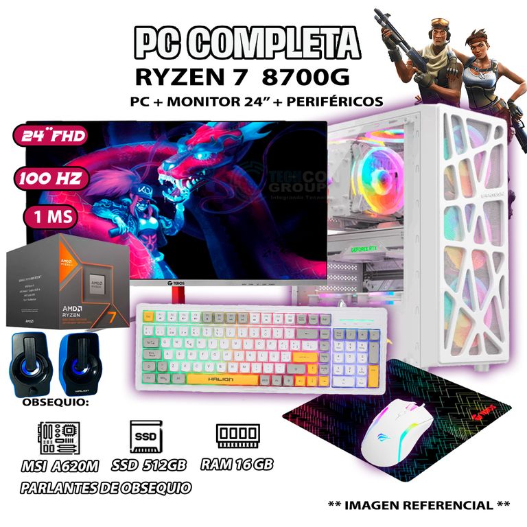Computadora PC Completa Ryzen 7 8700G RAM DDR5 16GB SSD 500GB MONITOR 24" FULL HD