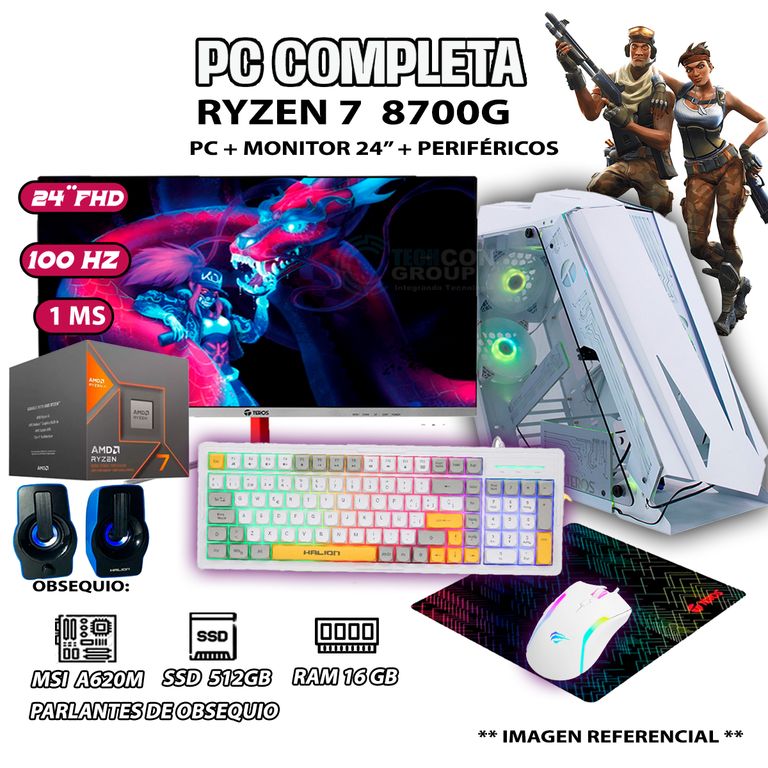 Computadora PC Completa Ryzen 7 8700G RAM DDR5 16GB SSD 500GB MONITOR 24" FULL HD
