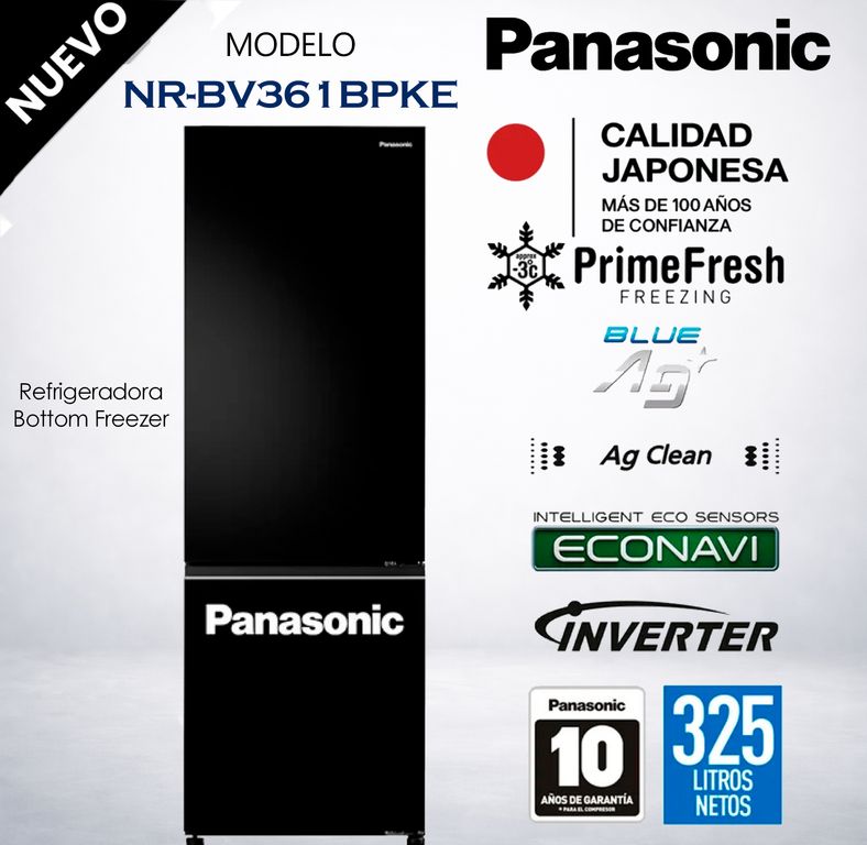 Refrigeradora Bottom Freezer NR-BV361BPKE Negro Espejado 325L