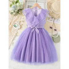 TAIS PRINCESS - Vestido fiesta morado con malla en contraste y cinturón