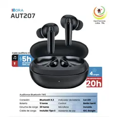 GENERICO - AUDIFONOS BLUETOOTH TWS MODELO AUT207 NEGRO MARCA 1HORA