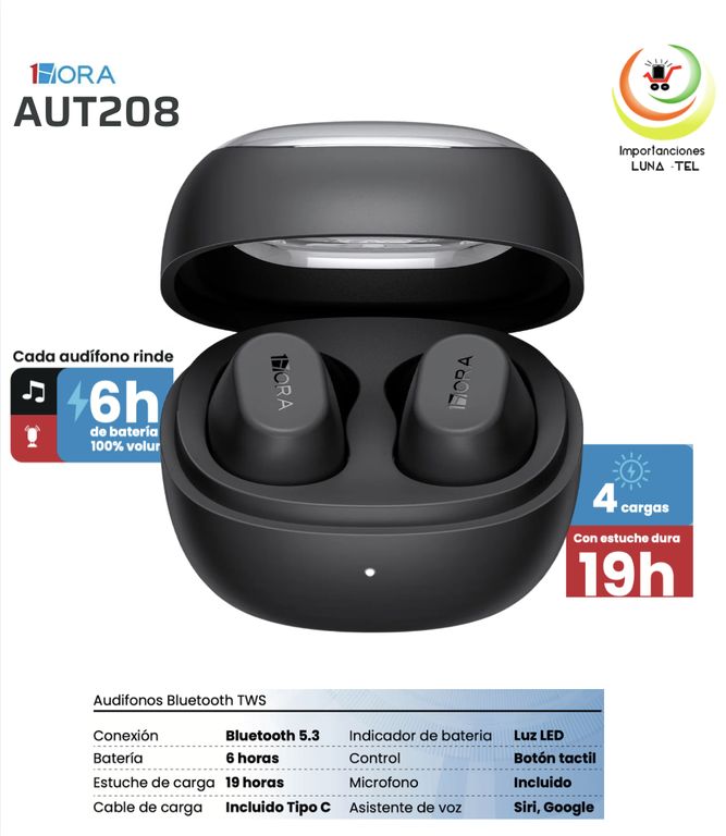 AUDIFONOS BLUETOOTH TWS MODELO AUT208 NEGRO MARCA 1HORA