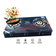 GENERICO - Cocina de Mesa a Gas de 3 Hornillas Vidrio Templado de 6 mm