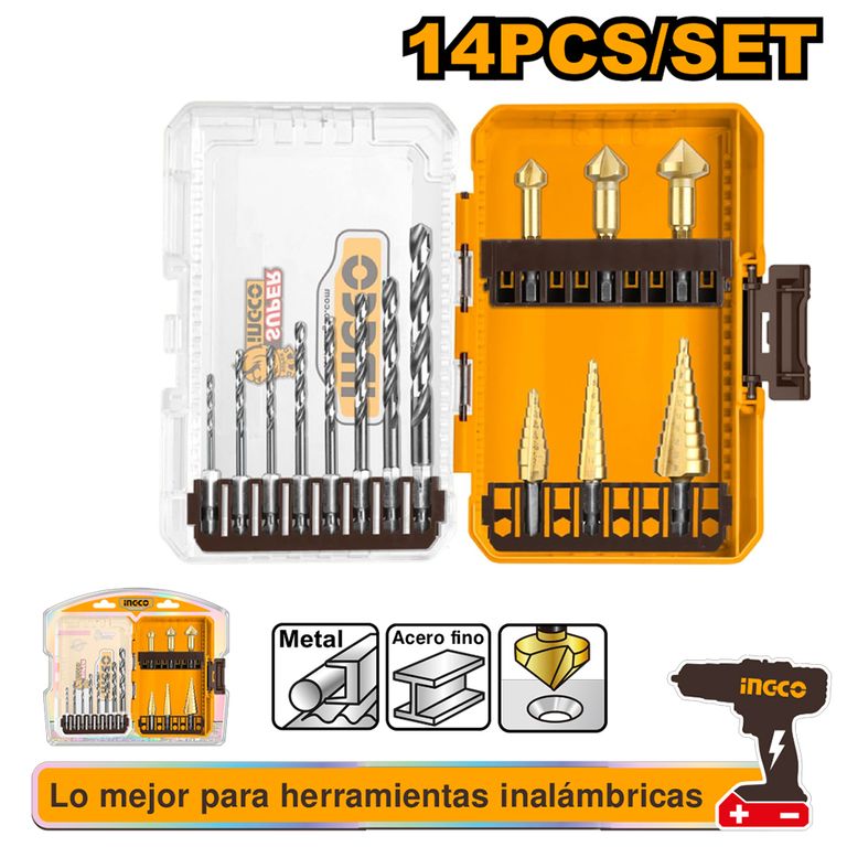 SET 14 BROCAS HSS y BROCAS ESCALONADAS INGCO AKDL61401