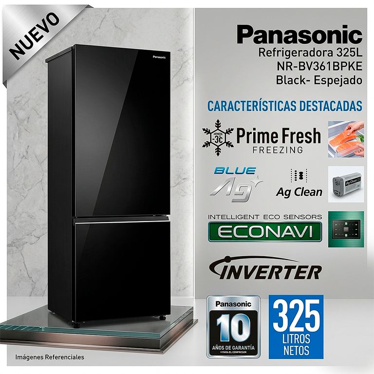 Refrigeradora Bottom Freezer NR-BV361BPKE Negro Espejado 325L
