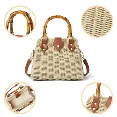 GENERICO - Bolso de Mano de Paja tejida con Asa de Bambú correa cruzada