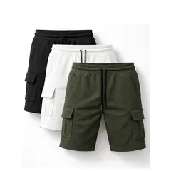 ENKI - SHORT CARGO HOMBRE PACK X3 ALGODÓN WAFFLE NEGRO BLANCO VERDE