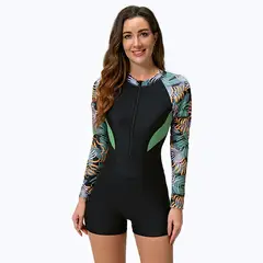 GENERICO - TRAJE DE BAÑO MANGA LARGA CORTE SHORT VERDE FLOREADO