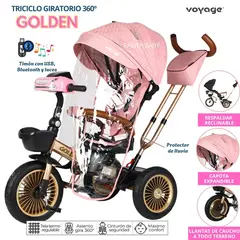 VOYAGE - Triciclo Reclinable Musical y Luces con Protector de lluvia Golden Rosado
