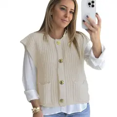 GENERICO - Chaleco Mujer Hilo Frances Botones 359G-25 Color Beige