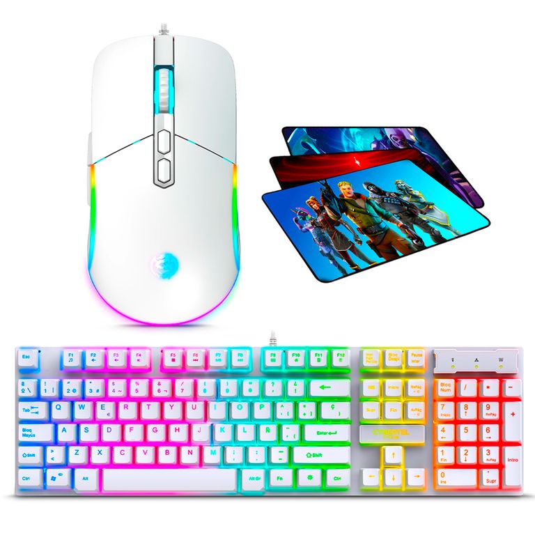 Kit Gamer 3 en 1 Teclado LED Rainbow + Mouse Gamer RGB USB 7 Botones + Pad - Blanco