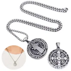 GENERICO - Collar Medalla San Benito Dije Cadena Acero Inoxidable Plateado