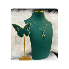 GENERICO - Pack Acero Collar con dije y Aretes - BSC Cruz Lineas Dorada Mod II