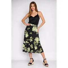 MARWAL - Falda Astrid , by , Color Negro / Flores Hueso , Cintura Espalda Elasticada.