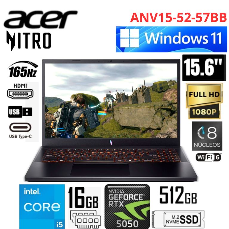 Laptop Nitro ANV15-52-57BB Intel Core i5-13420H 16GB RAM 512GB SSD RTX5050-8GB 156 FHD WIN11
