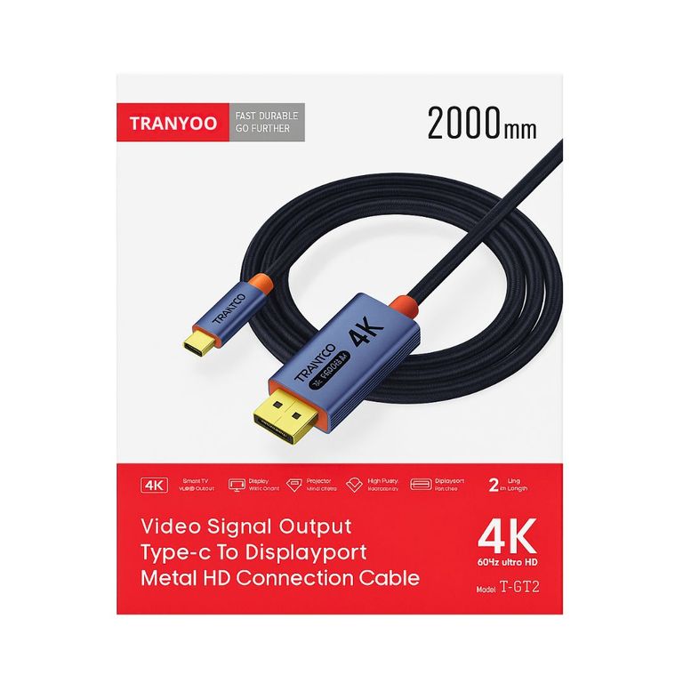 Cable de Video Type-C a DisplayPort 4K 60 Hz 2 m con Conectores Metálicos Antideslizantes