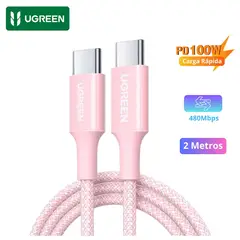 UGREEN - Cable USB-C a USB-C 100W de 2 Metros - Carga Rápida PD 30 Nylon Trenzado - Rosa
