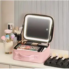 GENERICO - Estuche De Maquillaje Con Espejo Divisiones Luz Led 3 Modos Rosado