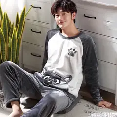 BAALATHKKO5 - Pijama Hombre Vellón De Coral Ropa De Casa Gruesa Invierno - HUELLA OSO 3XL