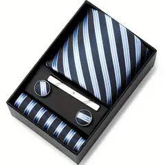 GENERICO - SET CORBATA PISA CORBATA GEMELOS Y PAÑUELO CELESTE CON AZUL