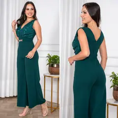 GENERICO - Enterizo en Tela Scuba Crepé con Lentejuelas Verde Esmeralda Elegante