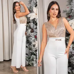 GENERICO - Enterizo en Tela Scuba Crepé con Lentejuelas Perla y Dorado Sofisticado