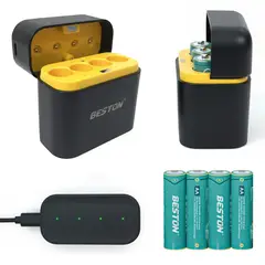 BESTON - Cargador de pilas baterías AA recargables 4 puestos + 4 baterías AA