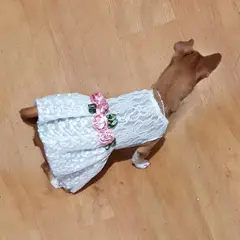 GENERICO - VESTIDO BLANCO DE ENCAJE ELEGANTE PARA PERRO Y GATO CON FLORES EN RASO - XXS