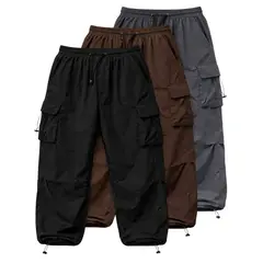 ENKI - Pack x3 Pantalones Cargo Oversized Hombre - Tela Mojada - Negro, Marrón, Gris