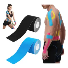 GENERICO - Pack 2 Cintas Kinesiológicas AZUL CLARO Y NEGRO 5m x 5cm Soporte Muscular Deportivo