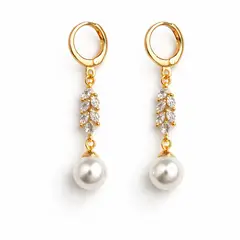 GENERICO - Aretes largos dorados con perla y hojas de brillo para mujer