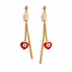 GENERICO - Aretes largos corazón ojo turco y barra dorada para mujer