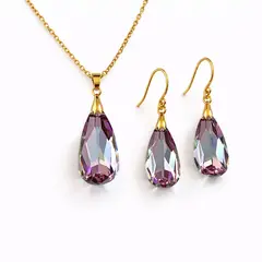 GENERICO - Set collar y aretes con gotas de cristal lila para mujer