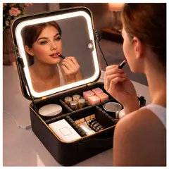 GENERICO - Neceser Maquillaje con Espejo LED Organizador Cosméticos Portátil Luz Regulable y Batería