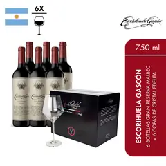 ESCORIHUELA GASCON - Escorihuela Gascón Gran Reserva Malbec pack de 6 botellas 750 ml + 6 copas de cristal Edelita