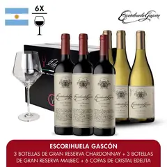 ESCORIHUELA GASCON - Escorihuela Gascón Gran Reserva – 3 Malbec + 3 Chardonnay + 6 Copas de Cristal Edelita
