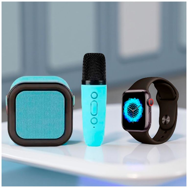 Combo parlante bluetooth con micrófono Celeste y smartwatch