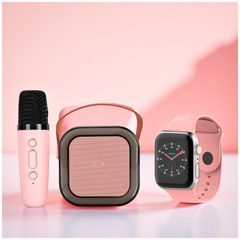 Combo parlante bluetooth con micrófono Rosado y smartwatch
