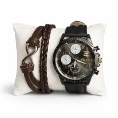 GENERICO - Reloj Masculino Cronógrafo Negro con Pulsera de Cuero Set Elegante para Hombre