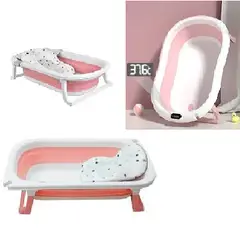 GENERICO - BAÑERA PARA BEBE PLEGABLE CON TERMOMETRO + ALMOHADILLA ROSAD0