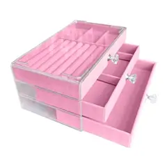GENERICO - Organizador de joyas de terciopelo acrílico transparente con 3 cajones Rosa