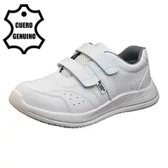 BRUNO KIDS - ZAPATILLA ESCOLAR UNISEX DE CUERO BLANCO VELCRO.