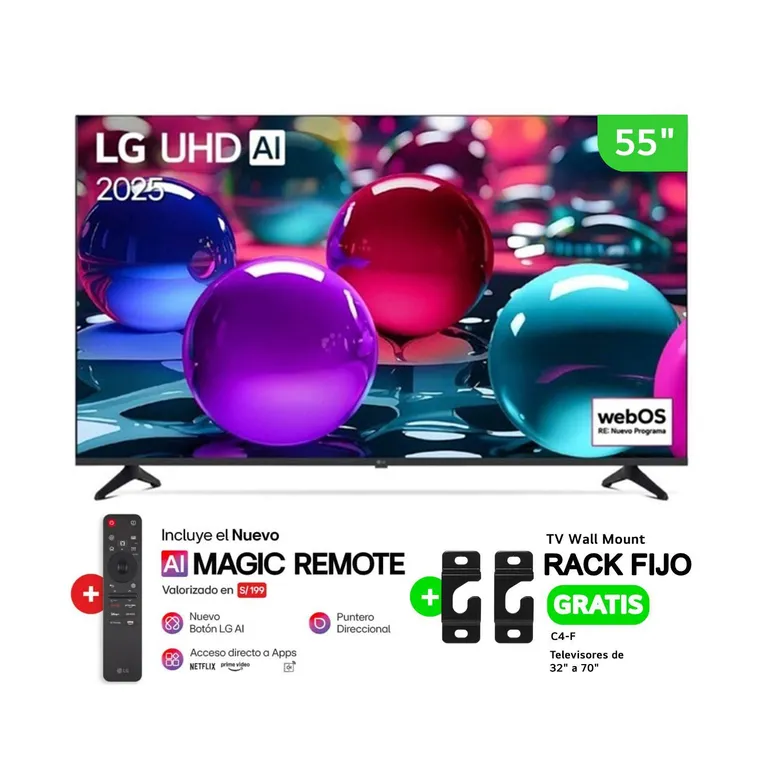 TELEVISOR 55” UHD 4K THINQ AI 55UA7300PSB SMART TV 2025 + AI MAGIC REMOTE Y RACK FIJO GRATIS